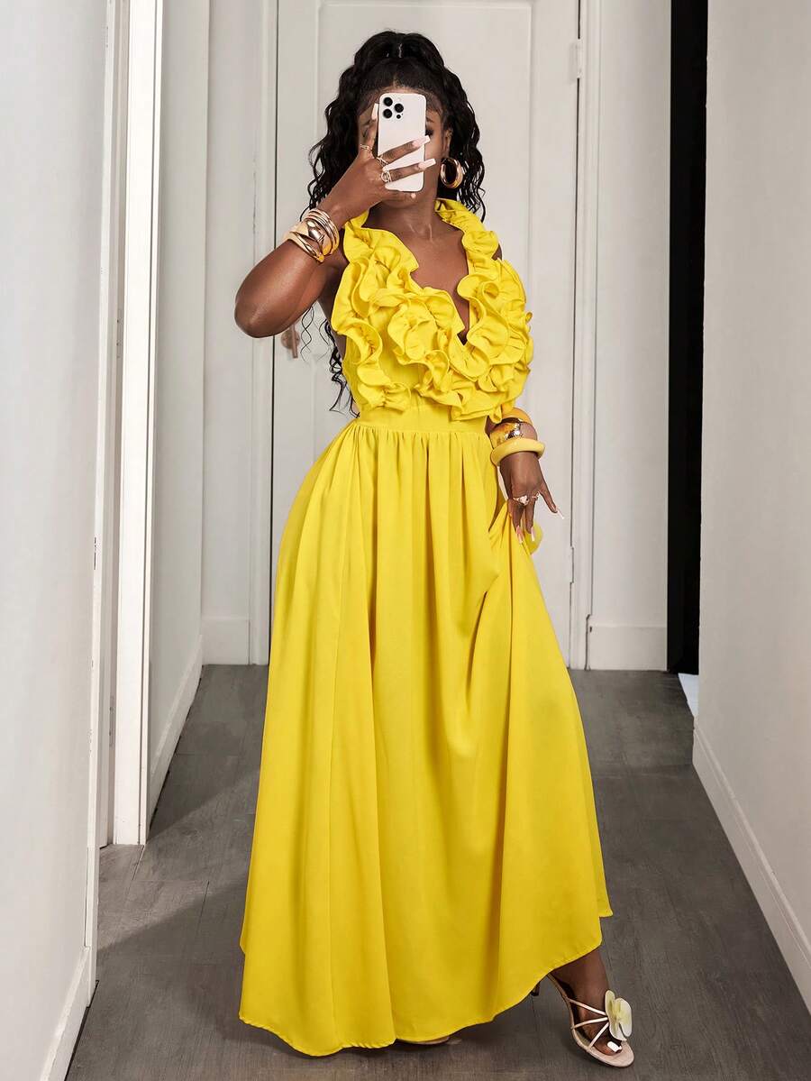 Yellow Deep V-Neck Ruffle Halt - Maxi Dress Halter recensie en prijs