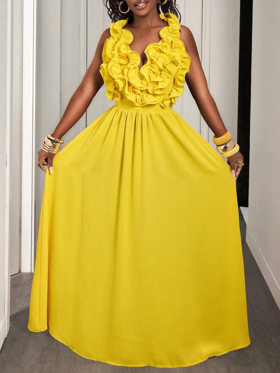 Yellow Deep V-Neck Ruffle Halt - Maxi Dress Halter recensie en prijs