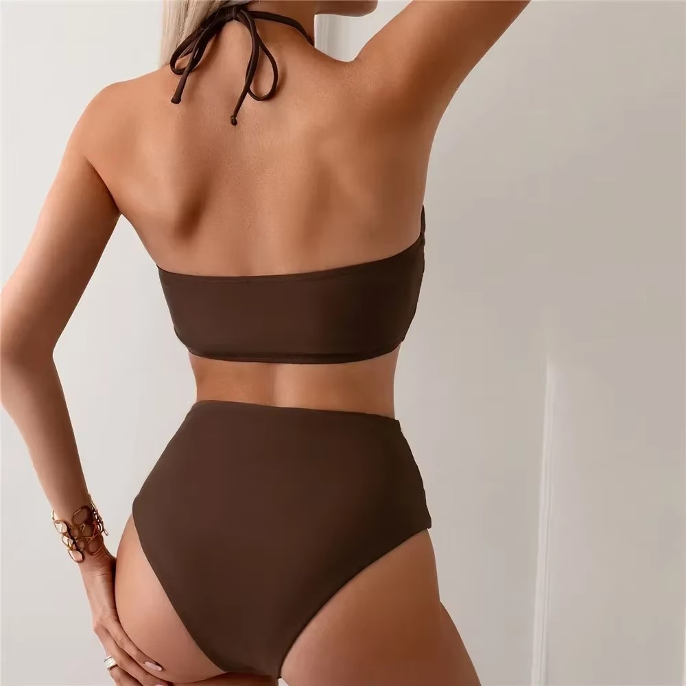 Dark Brown Solid Swimwears Hal - Swimsuit Bikini Ruched recensie en prijs