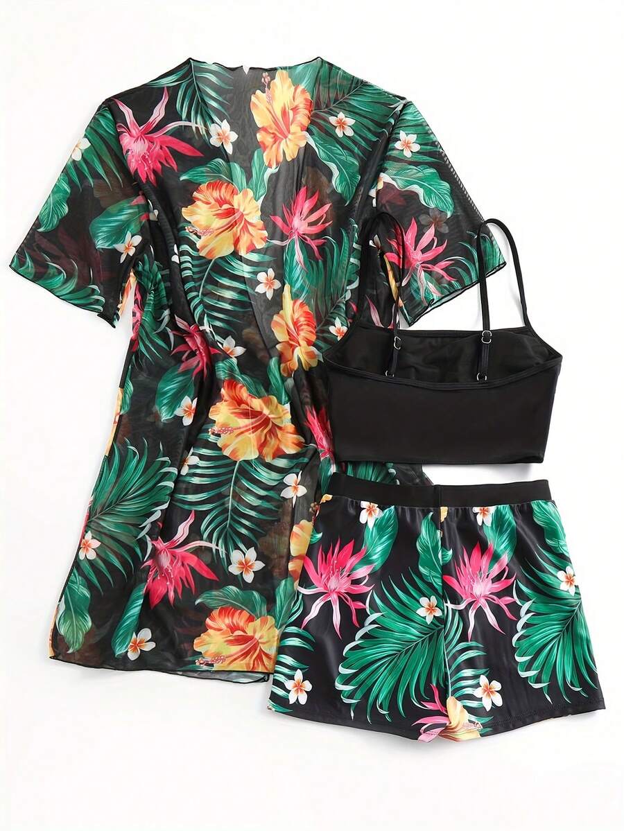 Floral Print 3-Piece Swim Set: - Kimono Sheer Floral recensie en prijs
