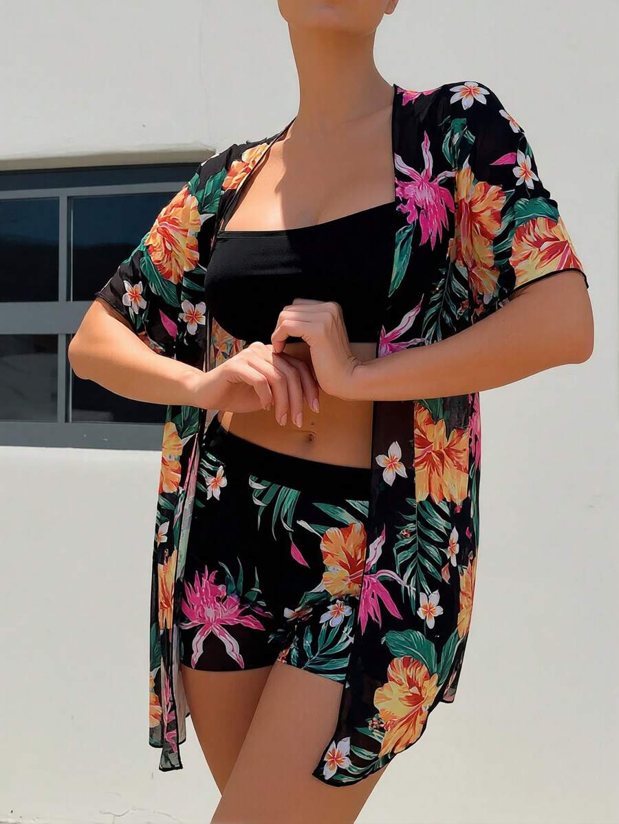 Floral Print 3-Piece Swim Set: - Kimono Sheer Floral recensie en prijs