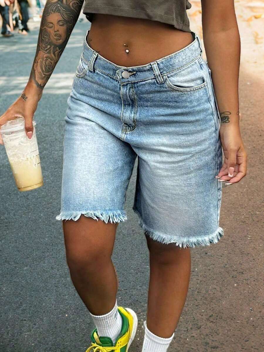 Womens Light Wash Denim Bermud - Shorts Denim Frayed recensie en prijs